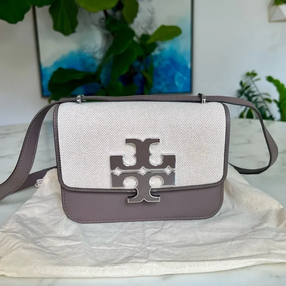 NWOT Tory Burch Eleanor Small Canvas Convertible Shoulder Bag Clam Shell Taupe